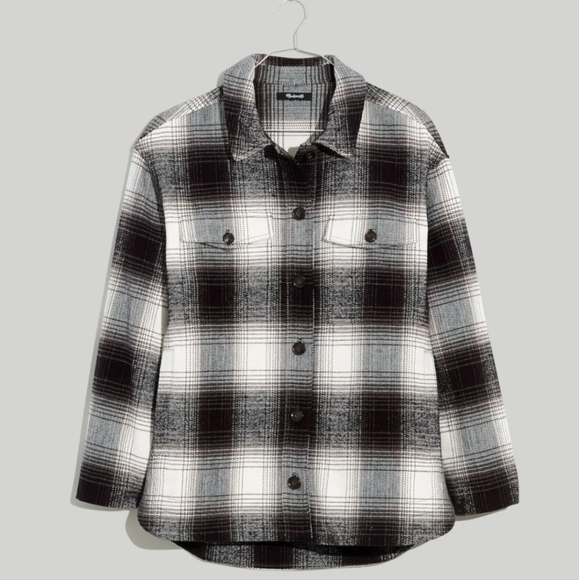 Madewell Twill Flannel Shirt Jacket Windowpane Plaid Black White Medium Shacket - Picture 2 of 10